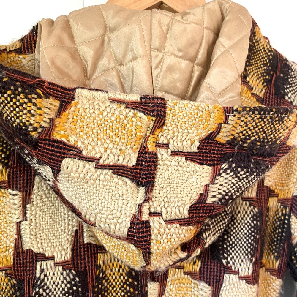 Urban Outfitters Quilted Hooded Trench Coat in Cream, Brown & Mustard